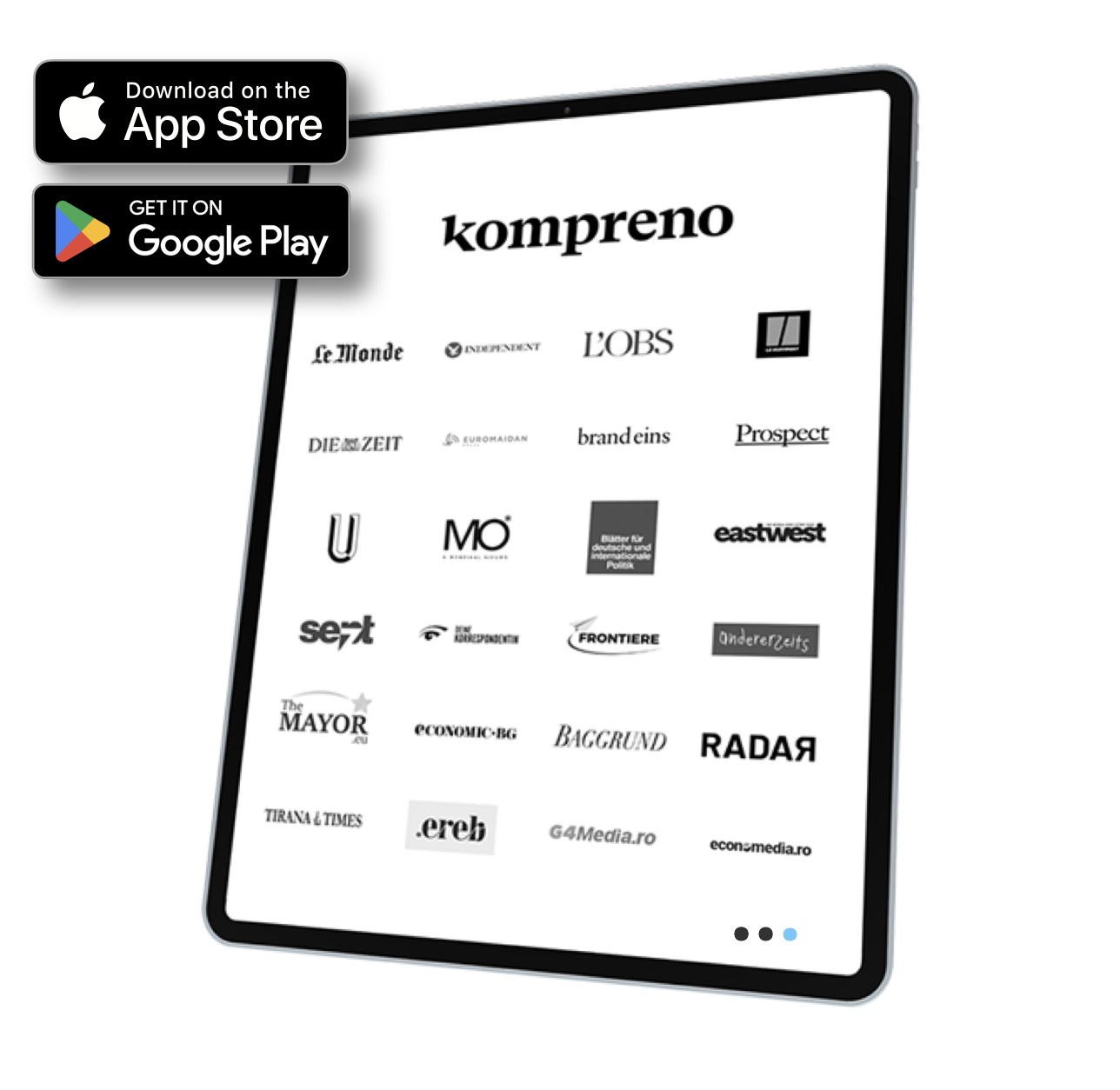 Tablet mit Logos der Medienpartner (Stand 06/2024), kompreno ist verfügbar im Apple Store und Google Play Store.